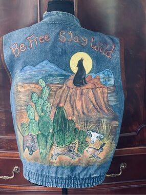 Hand-Painted Blue Denim Vest — Be Free Stay Wild